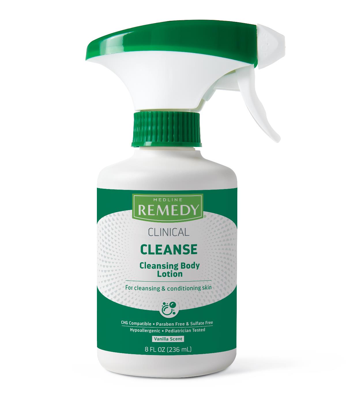 Medline Remedy Clinical Cleanse cleansing body lotion in an 8 fl oz white trigger spray bottle with green cap and label