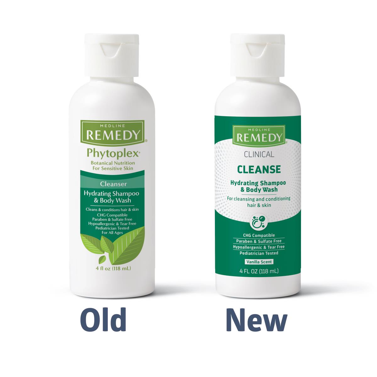 Medline Remedy shampoo and body wash bottles showing old Phytoplex and new Clinical Cleanse packaging side by side