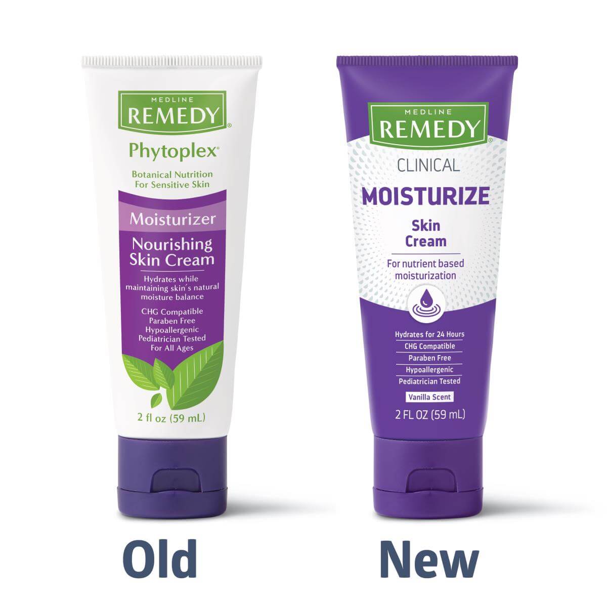Medline Remedy skin cream tubes showing old Phytoplex and new Clinical Moisturize packaging side by side, each 2 fl oz