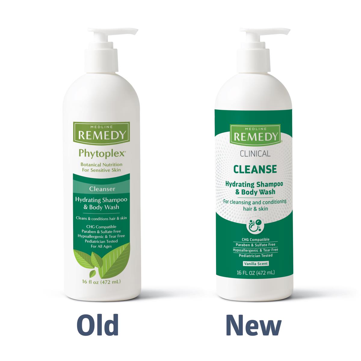 Medline Remedy hydrating shampoo and body wash pump bottles showing old Phytoplex and new Clinical Cleanse packaging side by
