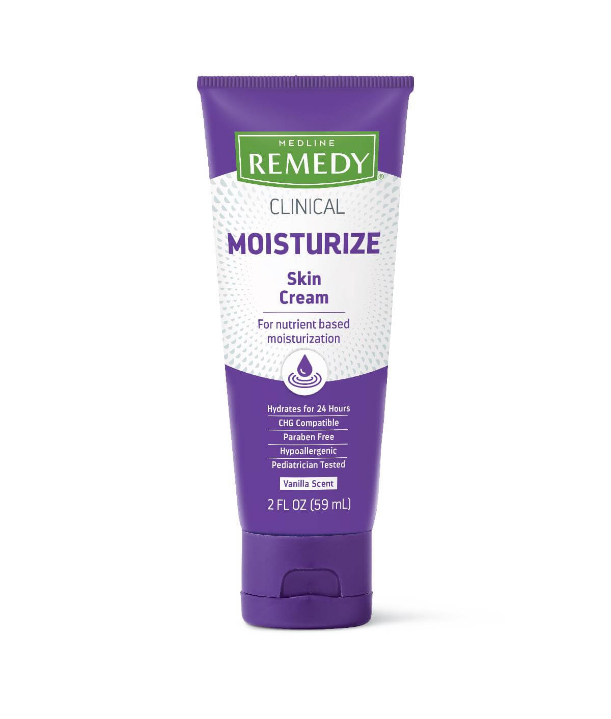 Medline Remedy Clinical Moisturize Skin Cream in a 2 fl oz purple squeeze tube with flip-top cap