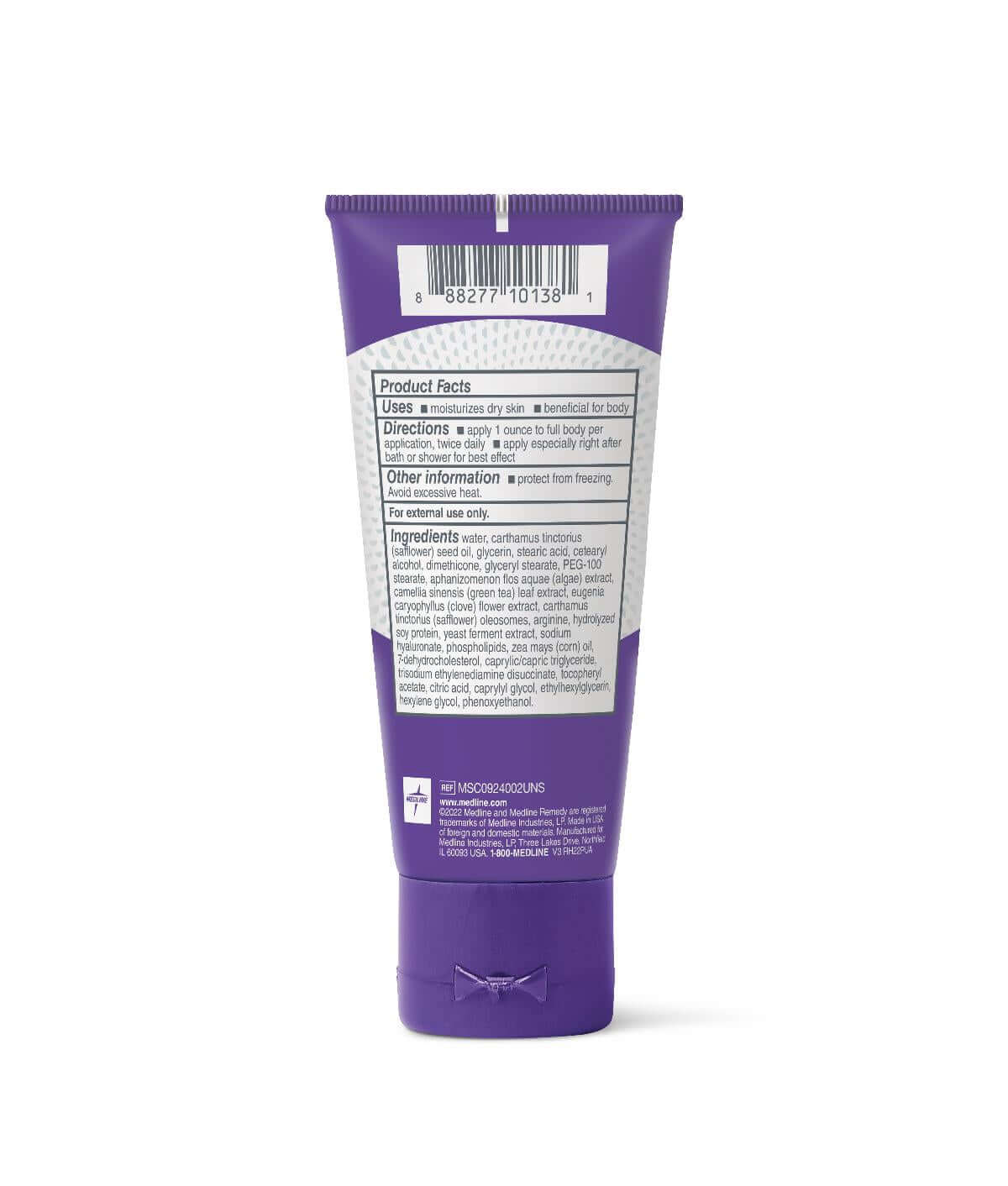 Skin cream tube back panel showing product facts, directions, ingredients list, and barcode on purple squeeze tube