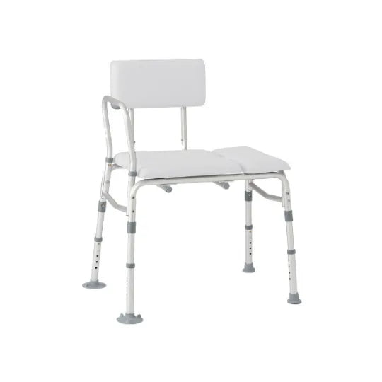 Transfer bench with white padded seat and backrest, aluminum frame, adjustable legs, and non-slip rubber feet