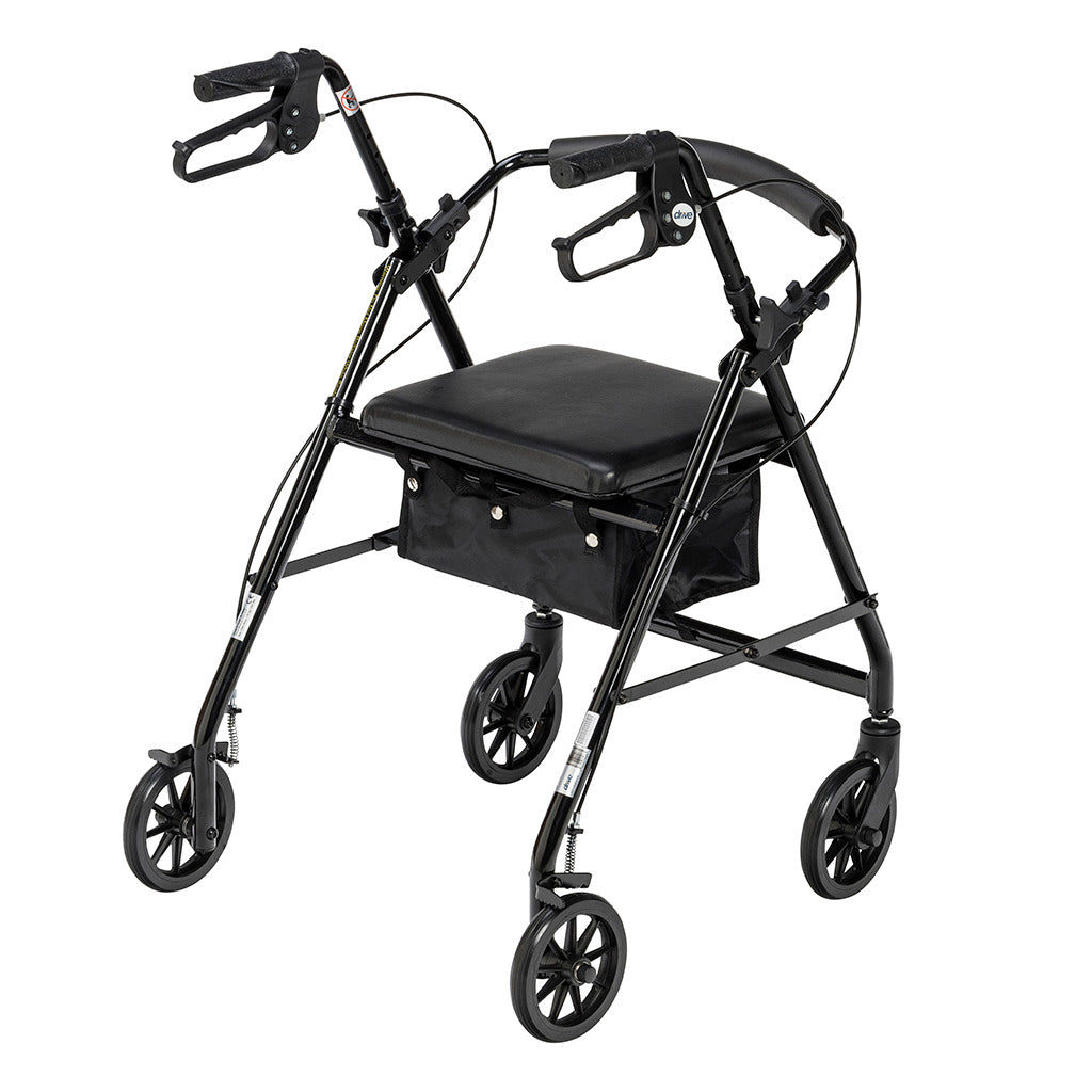 Four-wheel rollator walker in black with padded seat, underseat bag, loop hand brakes, and ergonomic handles
