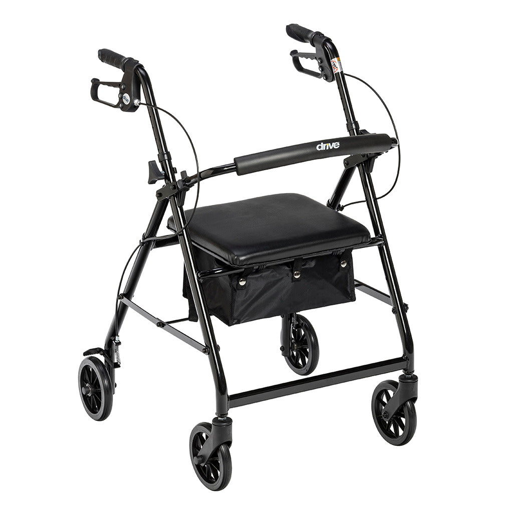 Rollator walker with padded seat, backrest, hand brakes, under-seat bag, and four 6-inch wheels in black