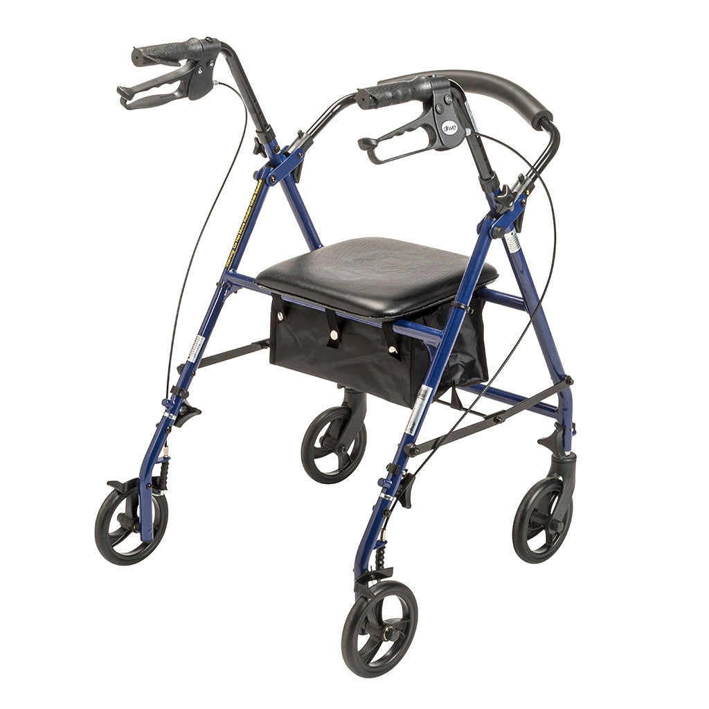 Rollator walker with blue steel frame, black padded seat, underseat bag, hand brakes, and four 6-inch wheels