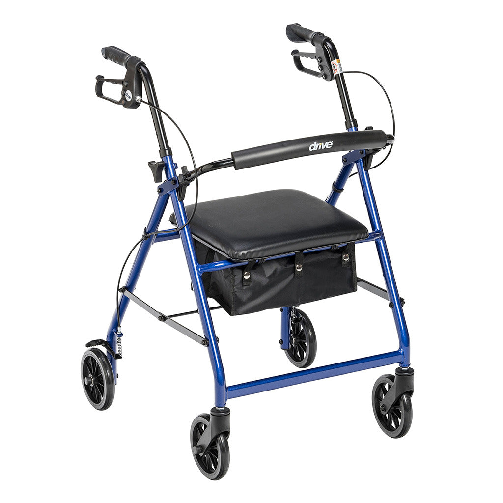 Rollator walker with blue aluminum frame, black padded seat and backrest, hand brakes, and four black wheels with under-seat