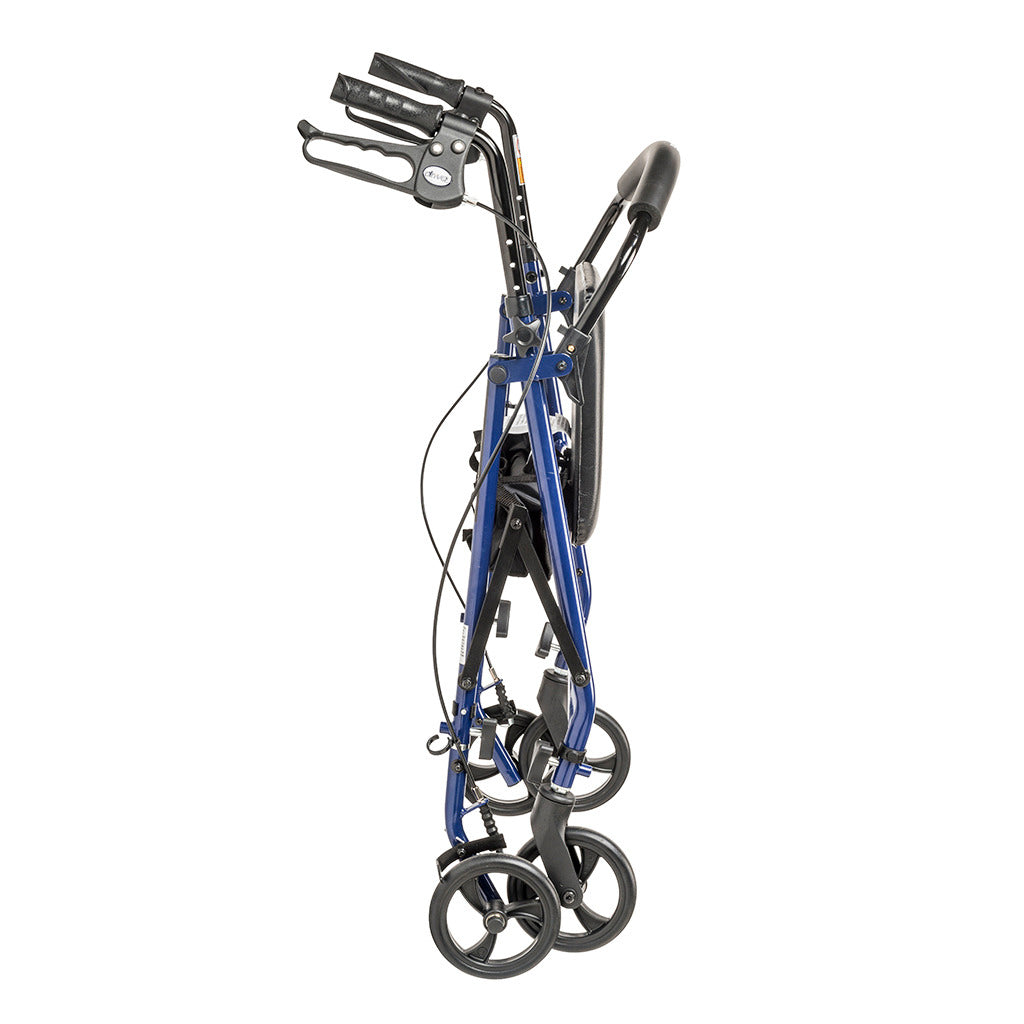 Rollator walker with 6-inch wheels shown folded flat, blue steel frame with hand brakes and padded seat, side view on white