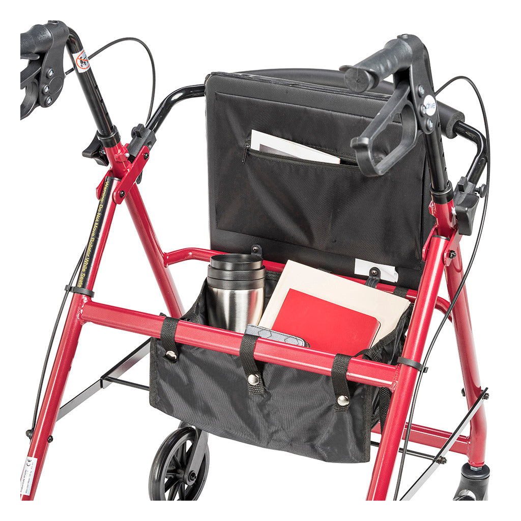 Rollator walker with red frame, black handles, 6-inch wheels, back pouch with papers, and under-seat bag holding a travel