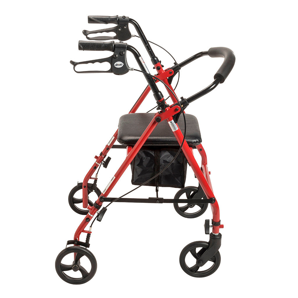 Rollator walker with red steel frame, padded seat, hand brakes, underseat bag, and four black wheels, shown from the side