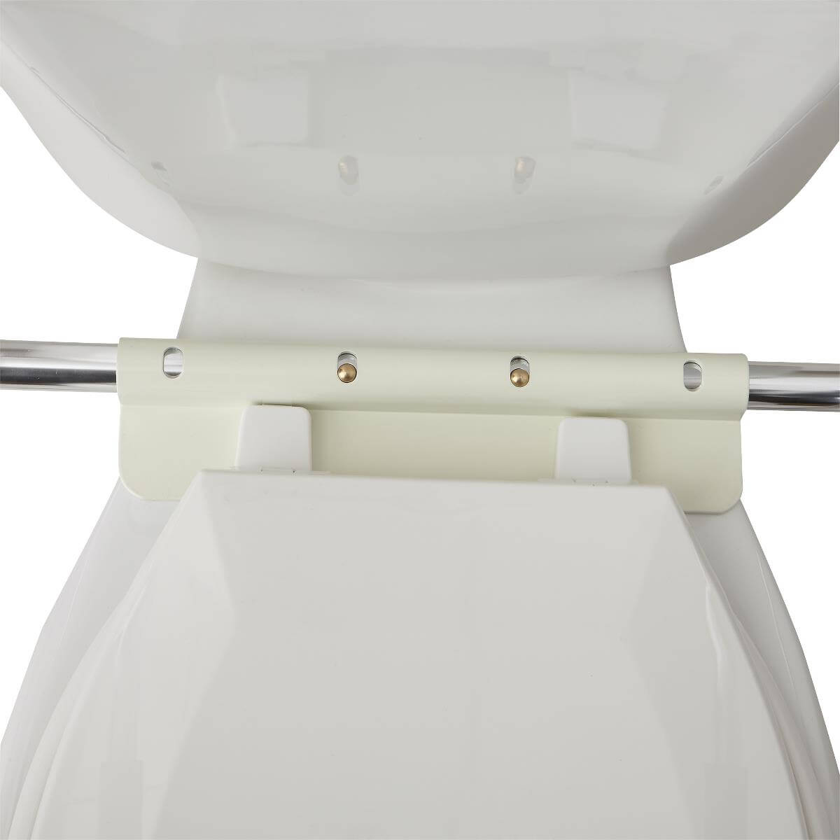 Toilet seat frame with adjustable chrome rails and white plastic bracket hardware, close-up rear hinge view