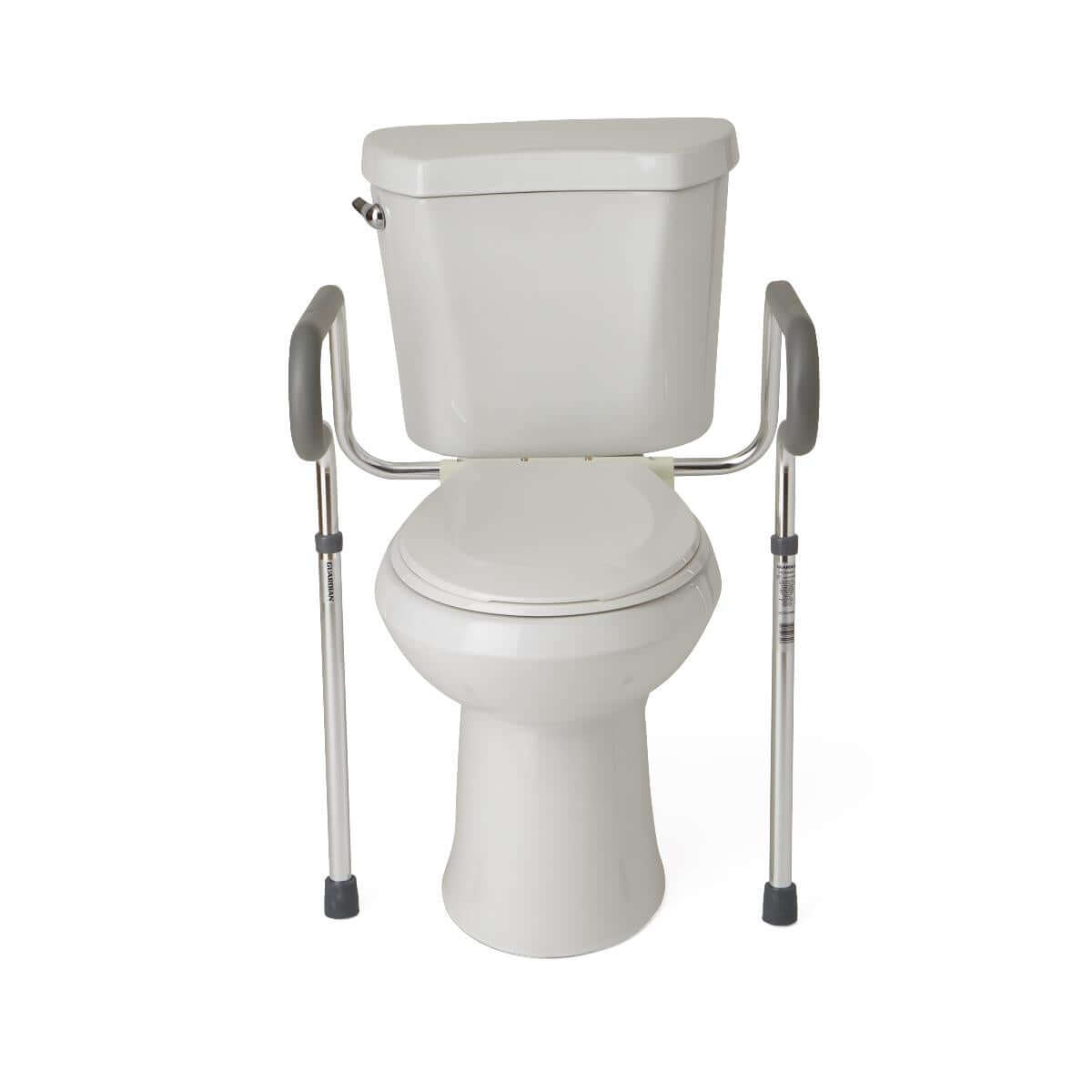 Toilet safety frame with adjustable padded armrails and non-slip floor feet, shown installed on a standard white toilet