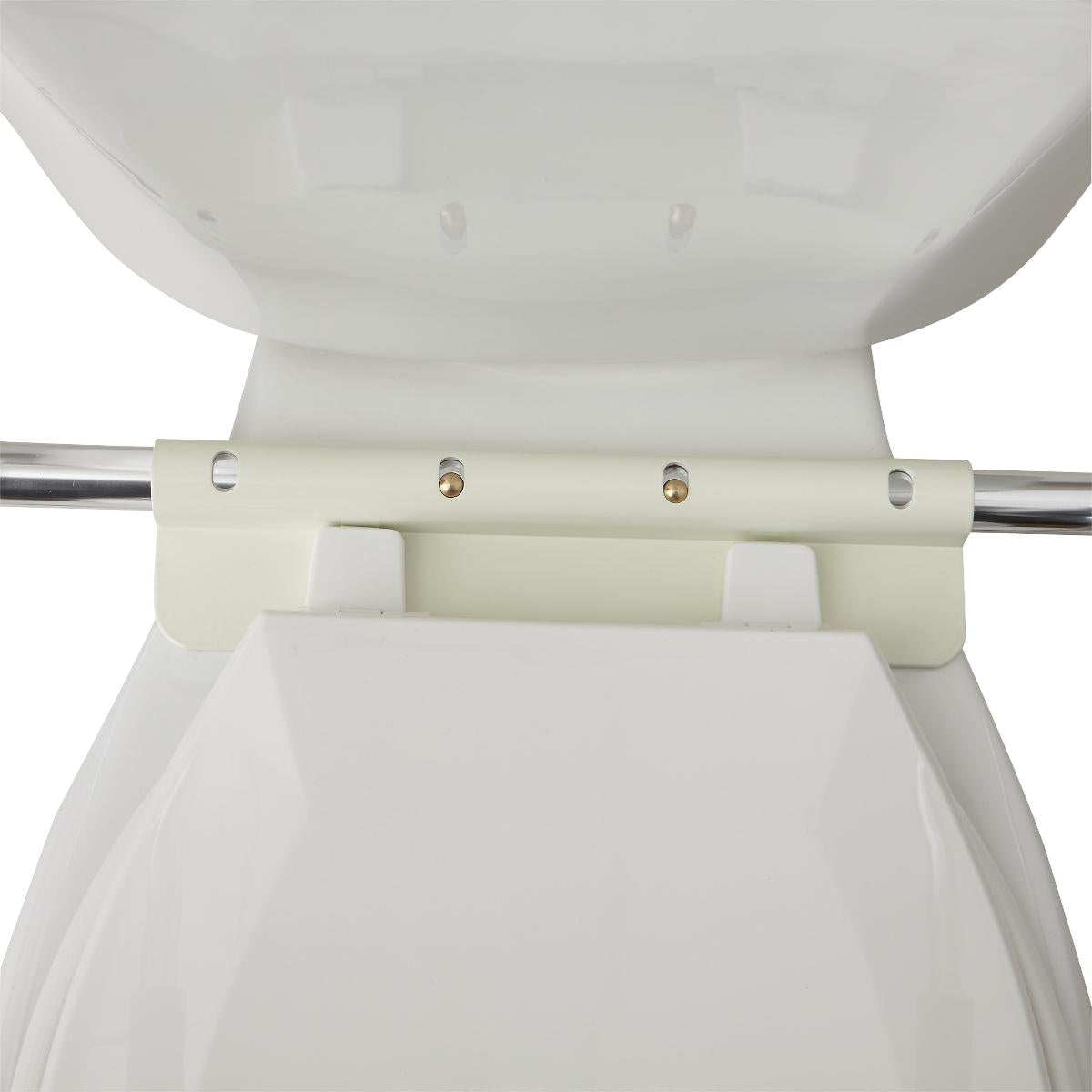 Foldable toilet safety rails hinge bracket detail showing white plastic mounting hardware and chrome support bar