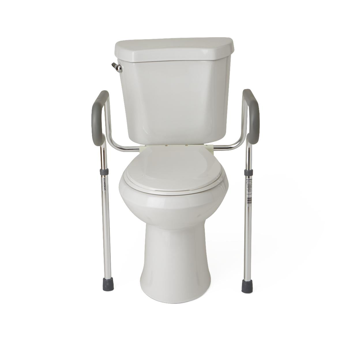 Toilet safety rail with padded armrests and adjustable floor legs installed on a standard white toilet, shown from the front
