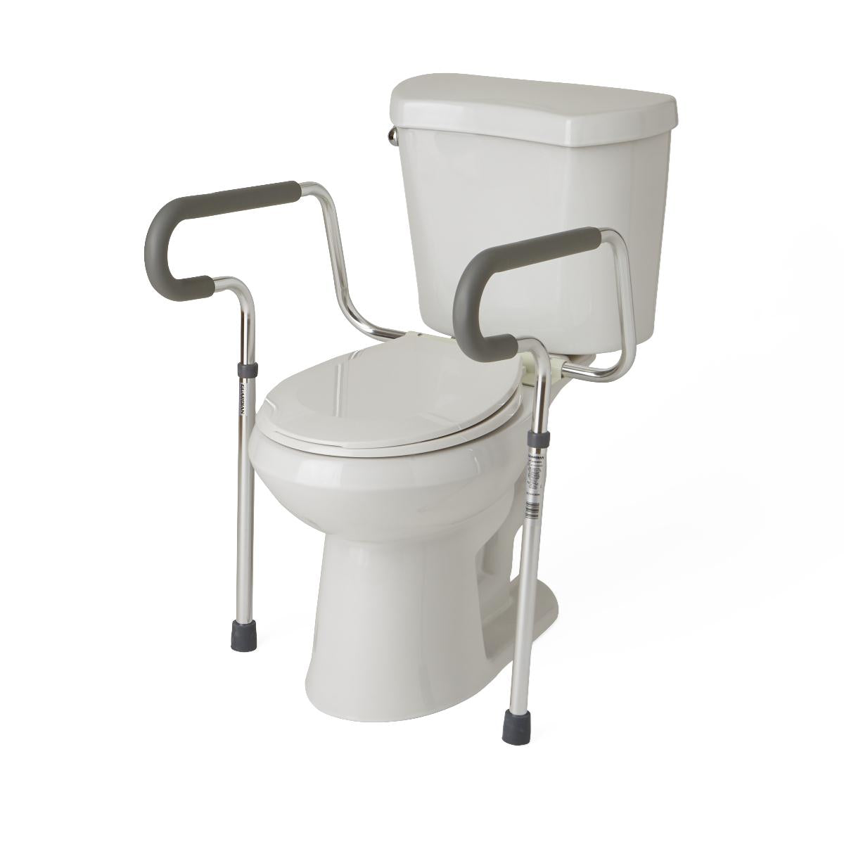 Foldable toilet safety rail frame with padded gray armrests and adjustable floor legs, shown installed on a white toilet