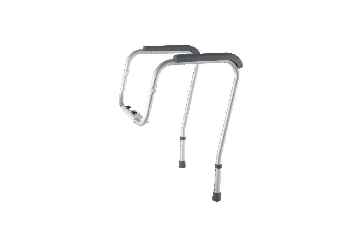 Foldable toilet safety rails, silver aluminum frame with padded gray armrests and adjustable legs, sold as a pair