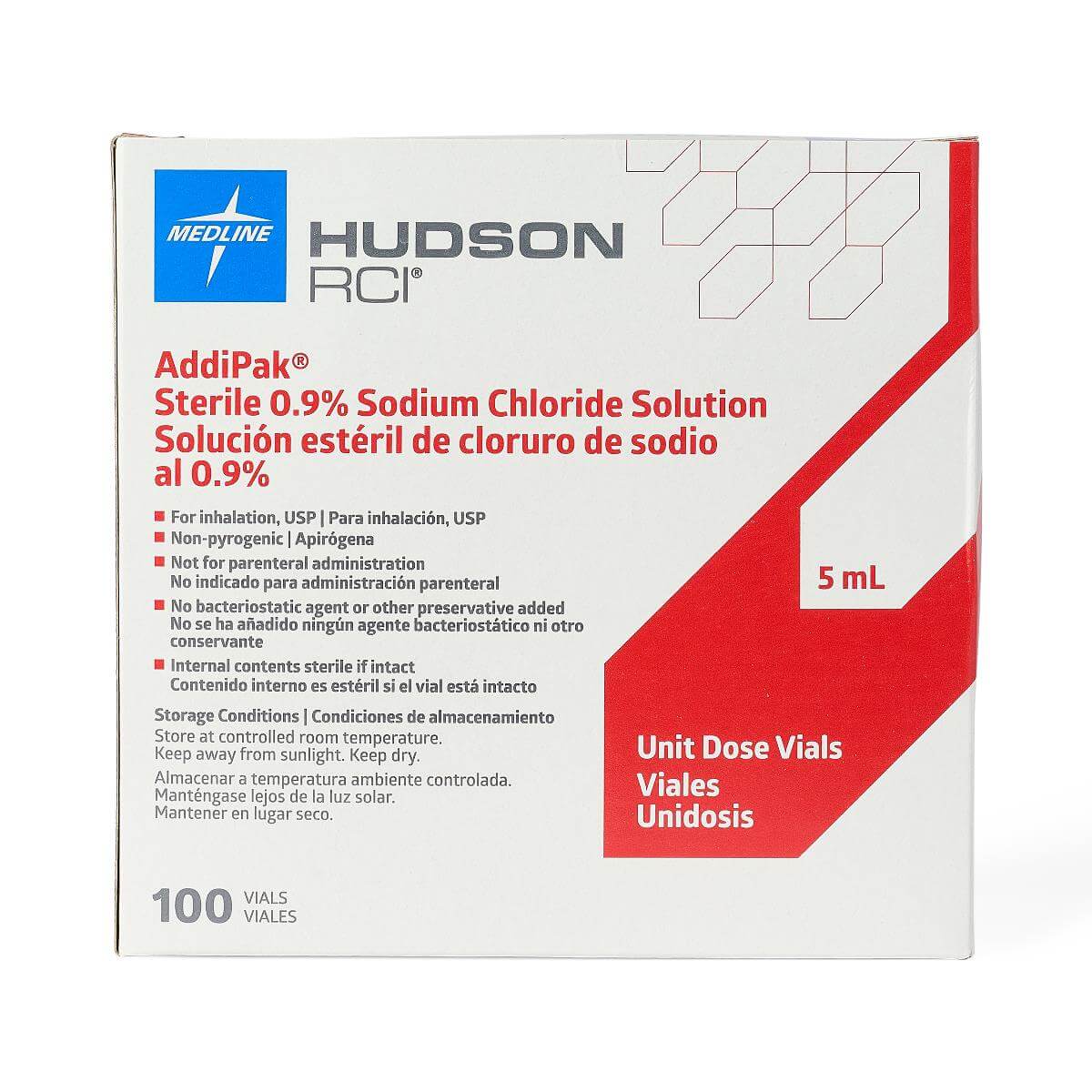 Sterile saline solution unit dose vials box, 0.9% sodium chloride, 5 mL, 100 vials, white and red packaging