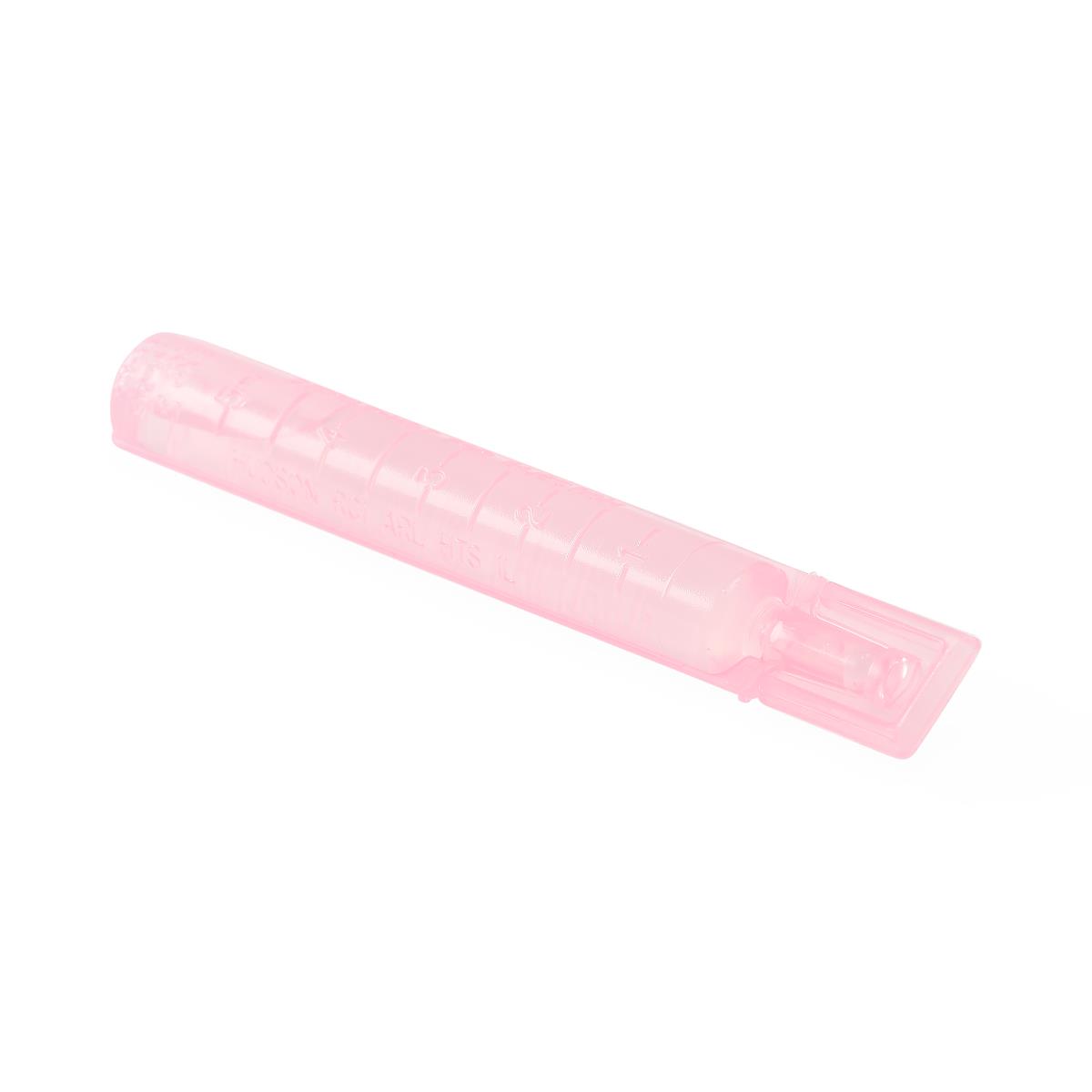 Sterile saline solution single-dose vial in a translucent pink plastic tube on a white background