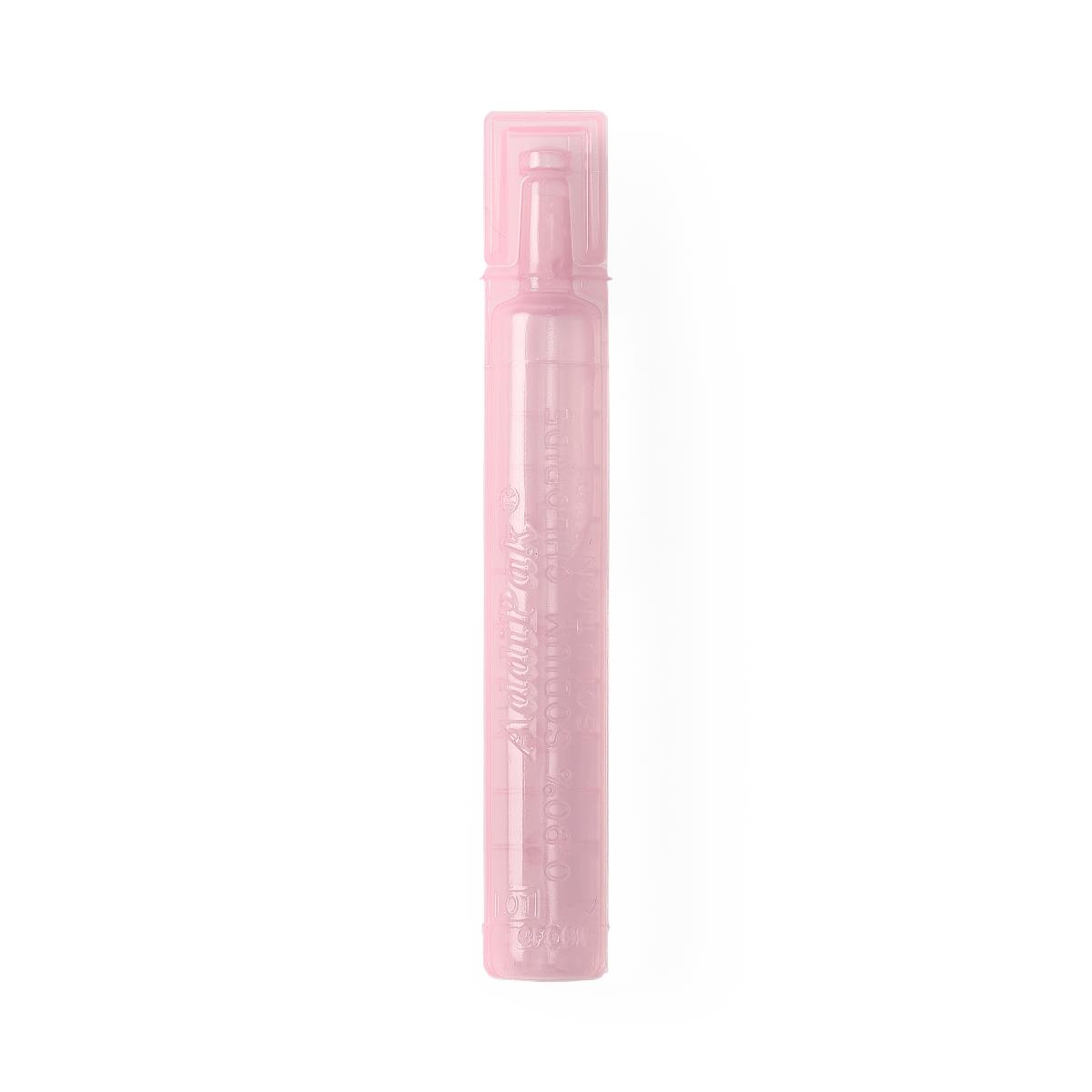 Sterile saline solution unit-dose vial in pink plastic, upright view showing embossed text on translucent body