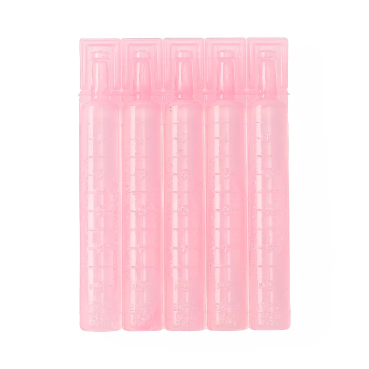 Sterile saline solution unit-dose vials, five pink plastic twist-open ampules connected in a strip