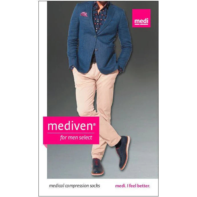 Mediven for Men Select compression socks shown on man wearing khaki pants, blue blazer, and navy dress shoes