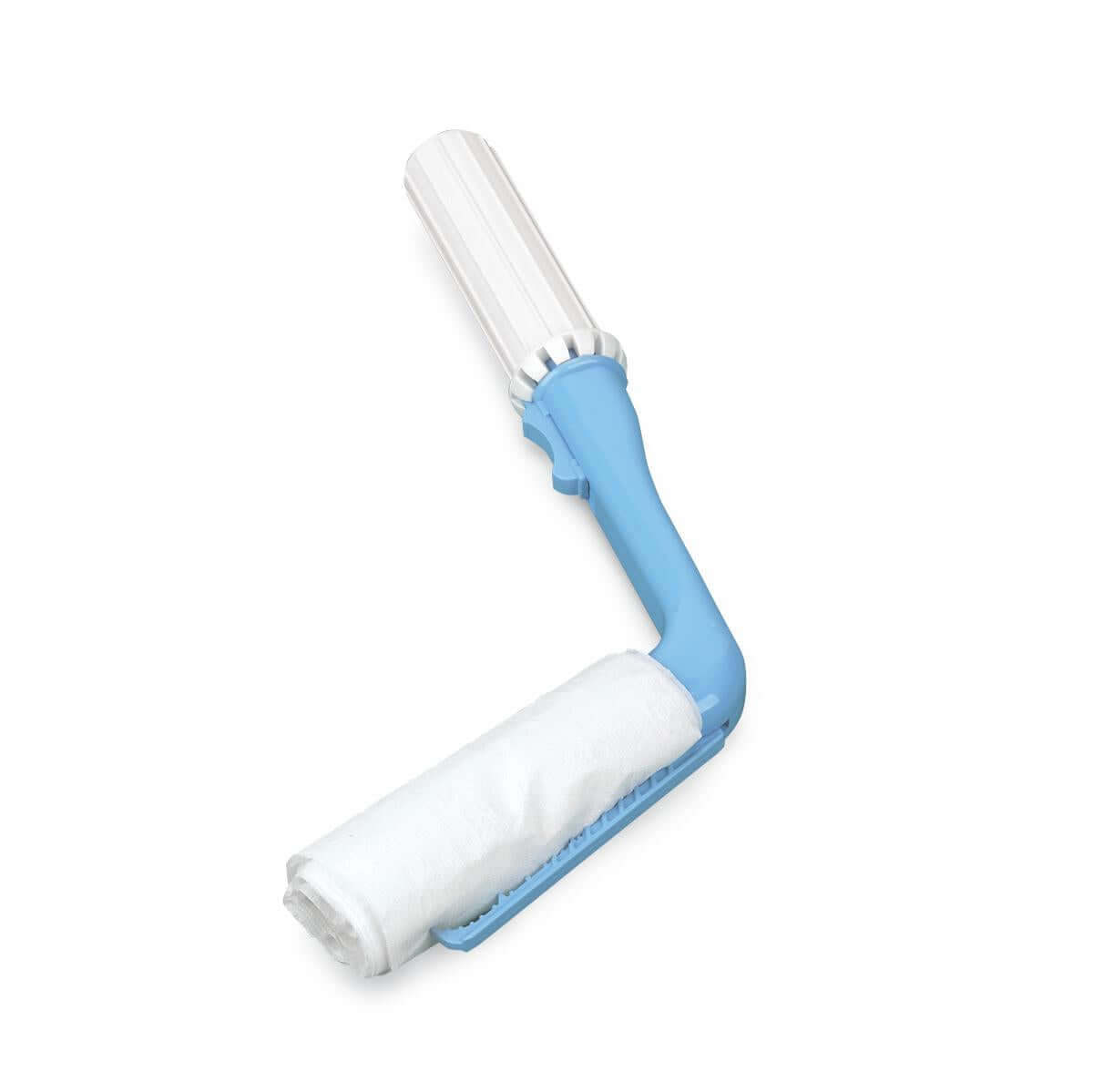 Toilet aid with angled blue handle, white grip, and soft terry cloth roller for independent self-wiping assistance