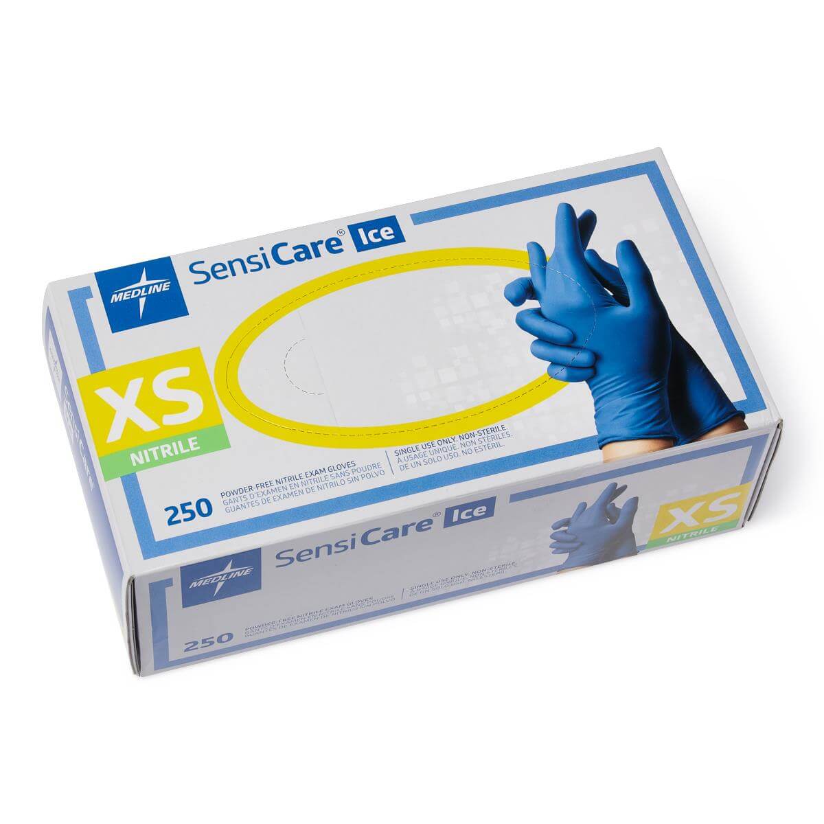 Nitrile exam gloves box, Medline SensiCare Ice, XS size, 250 count, powder-free, blue gloves shown on packaging