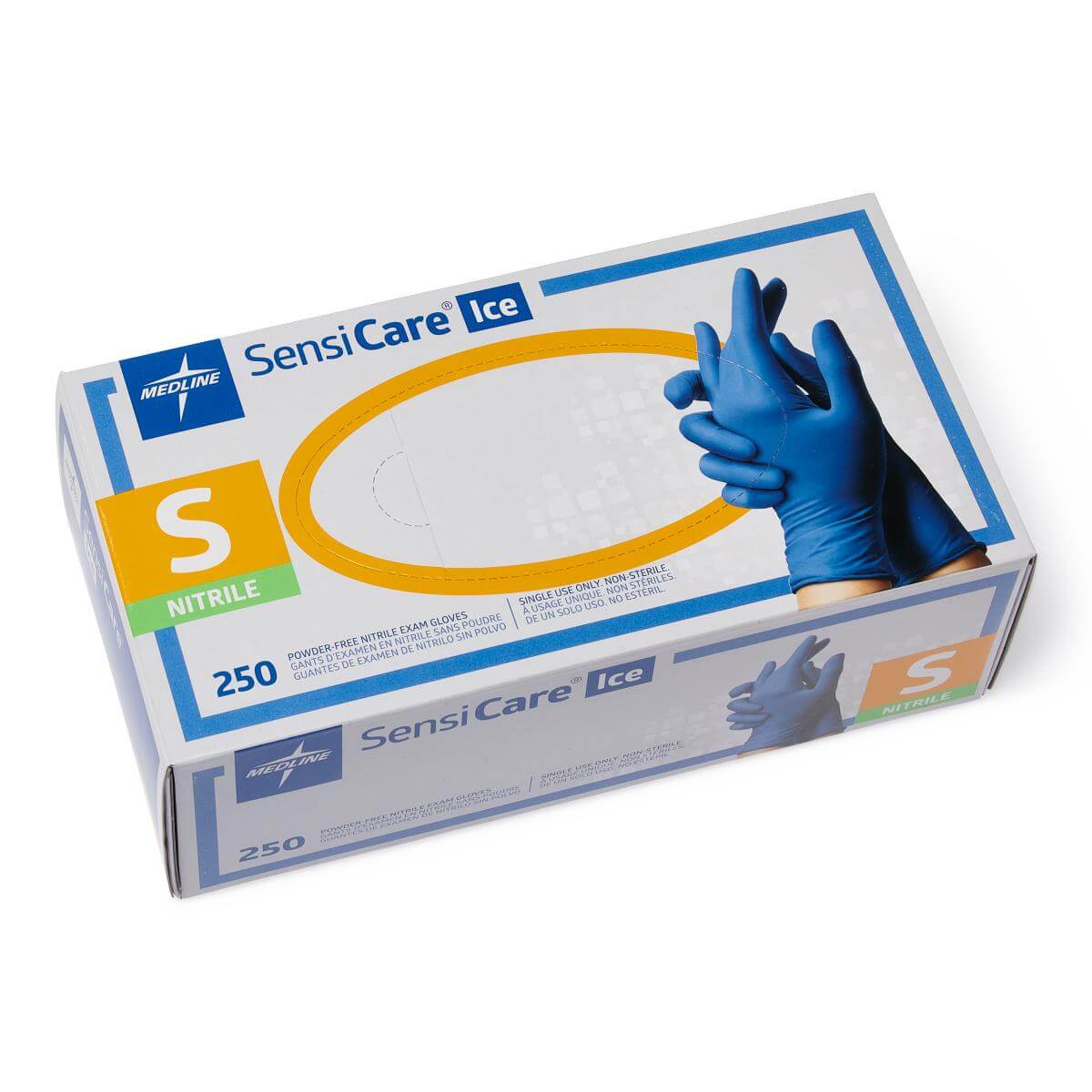 Nitrile exam gloves box, SensiCare Ice, size small, 250 count, powder-free, blue, shown with gloved hands on packaging