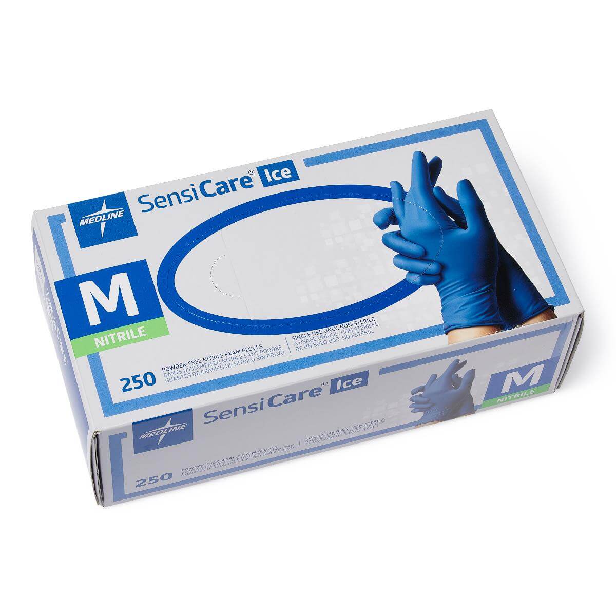Medline SensiCare Ice blue nitrile exam gloves box, medium size, 250 count, powder-free, with gloved hands shown on packaging