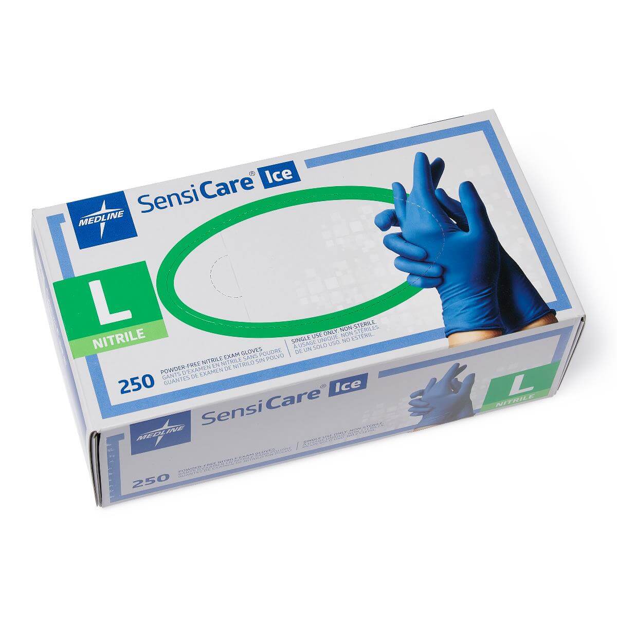 Medline SensiCare Ice blue nitrile exam gloves box, large size, 250 count, powder-free, shown on white background