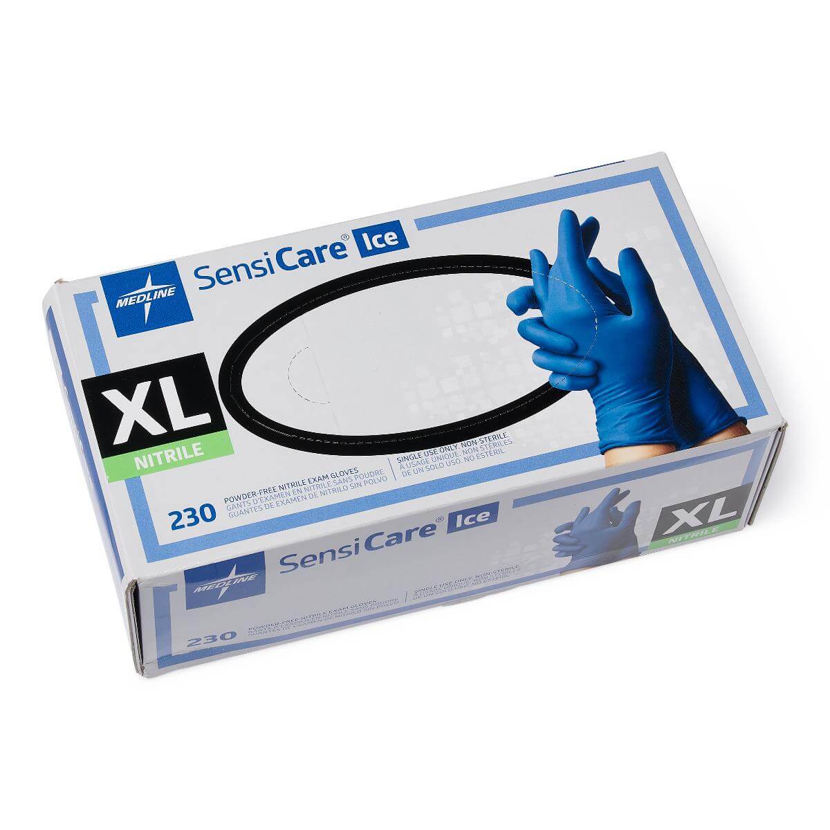 Medline SensiCare Ice blue nitrile exam gloves box, XL size, 230 count, powder-free, shown on white background