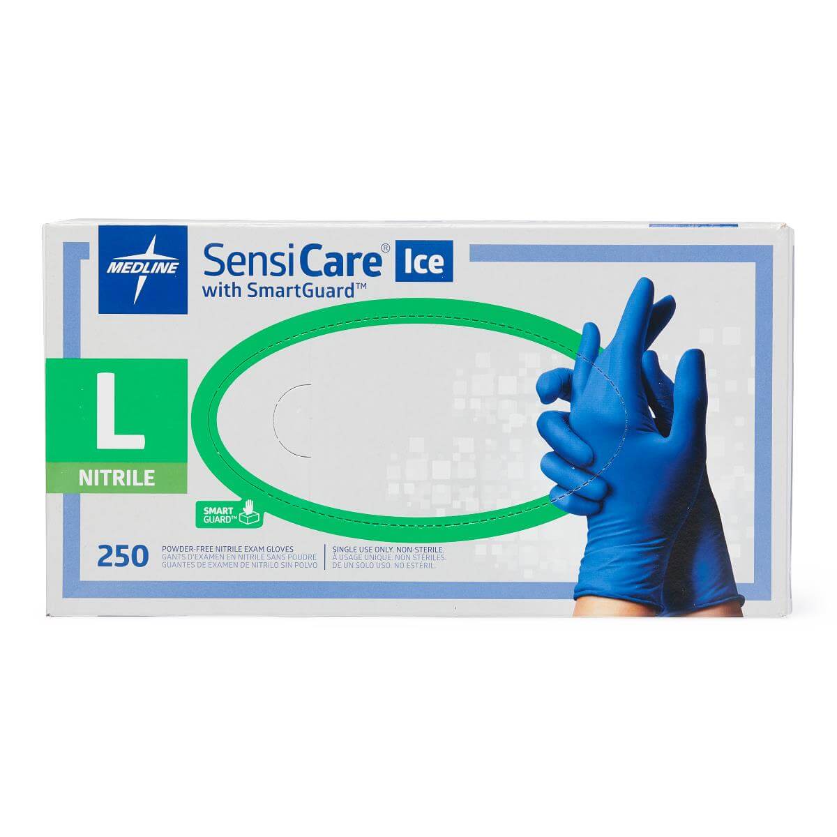 Medline SensiCare Ice nitrile exam gloves box, size large, 250 count, powder-free, blue, with gloved hands shown on packaging