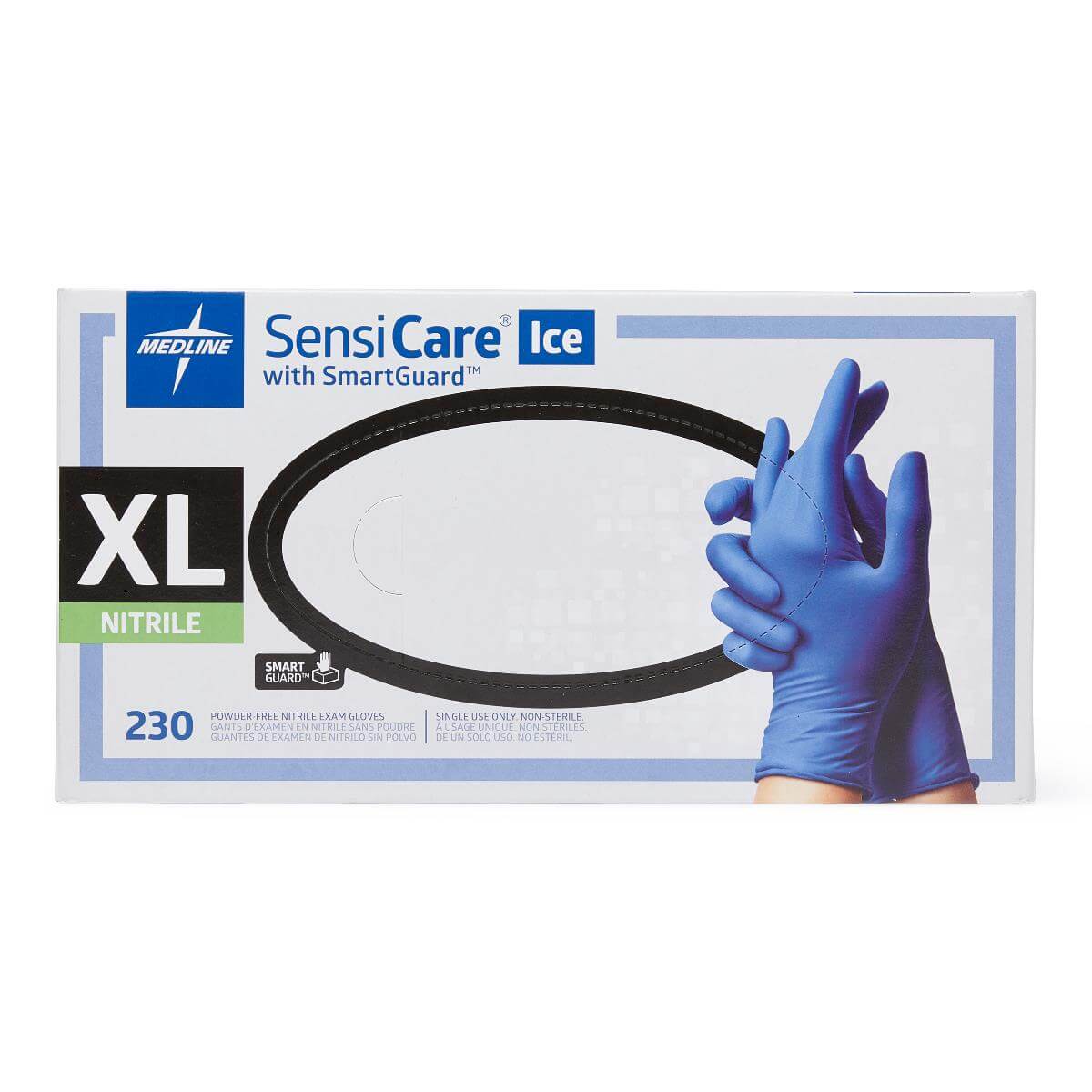 Nitrile exam gloves box in XL, blue, powder-free, 230 count, with two gloved hands shown on white background