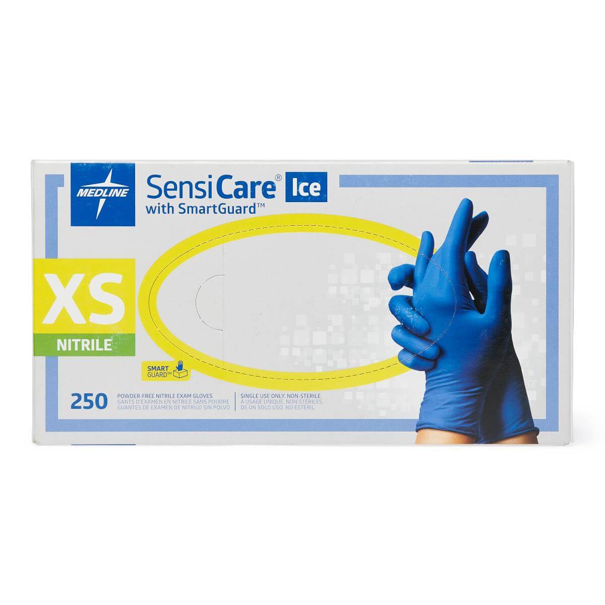 Medline SensiCare Ice blue nitrile exam gloves box, XS size, 250 count, with blue-gloved hands shown on packaging