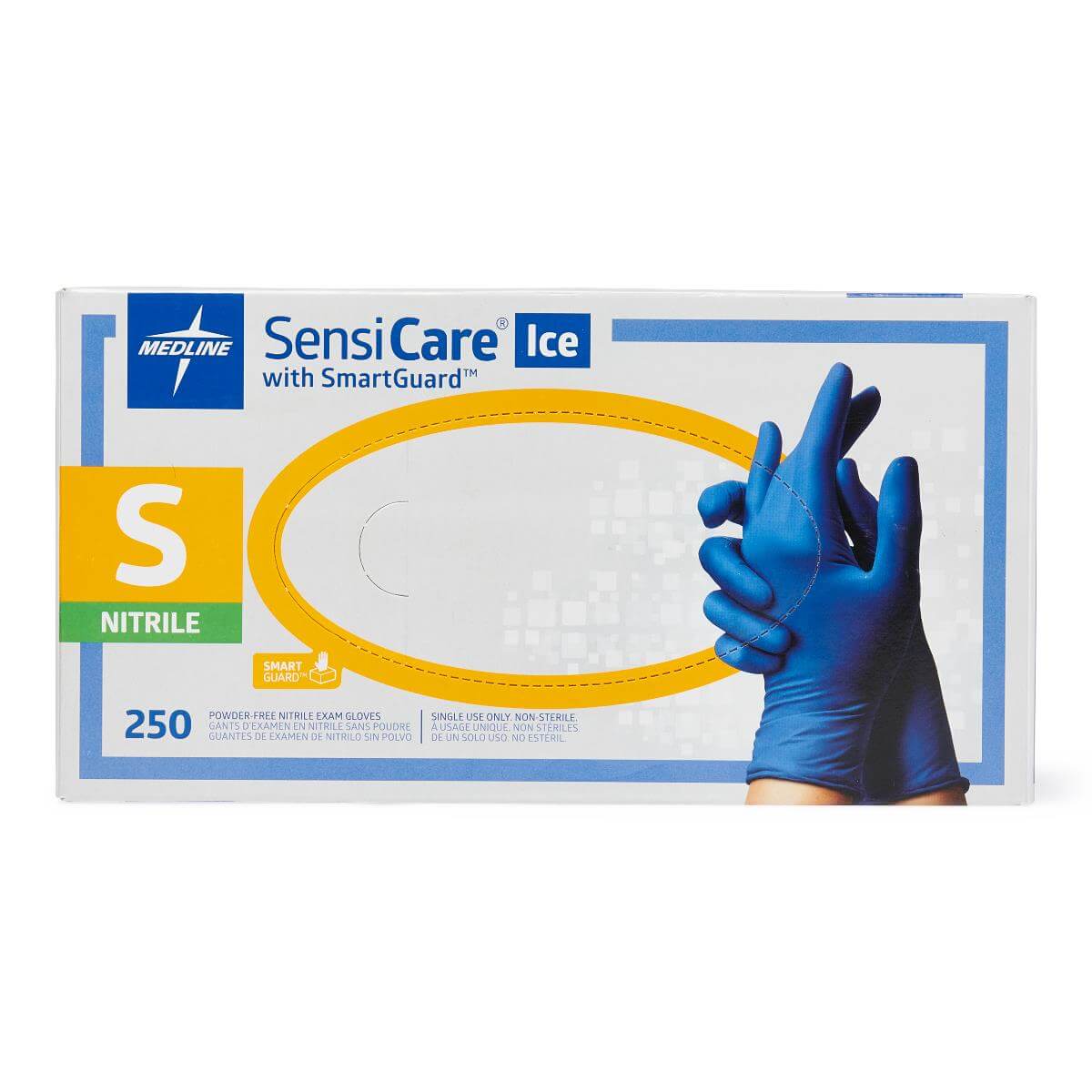 Nitrile exam gloves box, size small, 250 count, blue powder-free gloves by Medline SensiCare Ice with SmartGuard