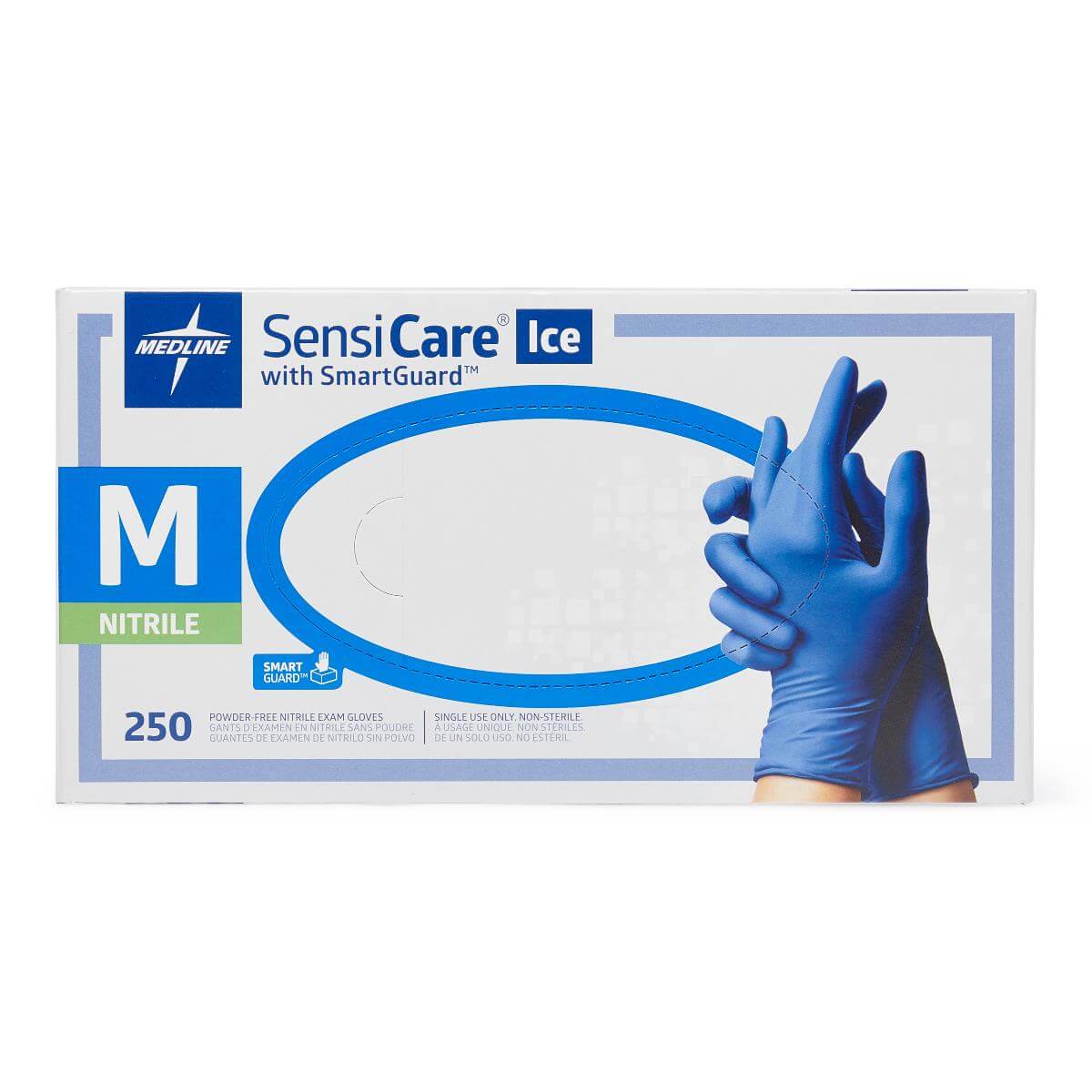 Nitrile exam gloves box, medium size, 250 count, blue, showing two gloved hands on white packaging