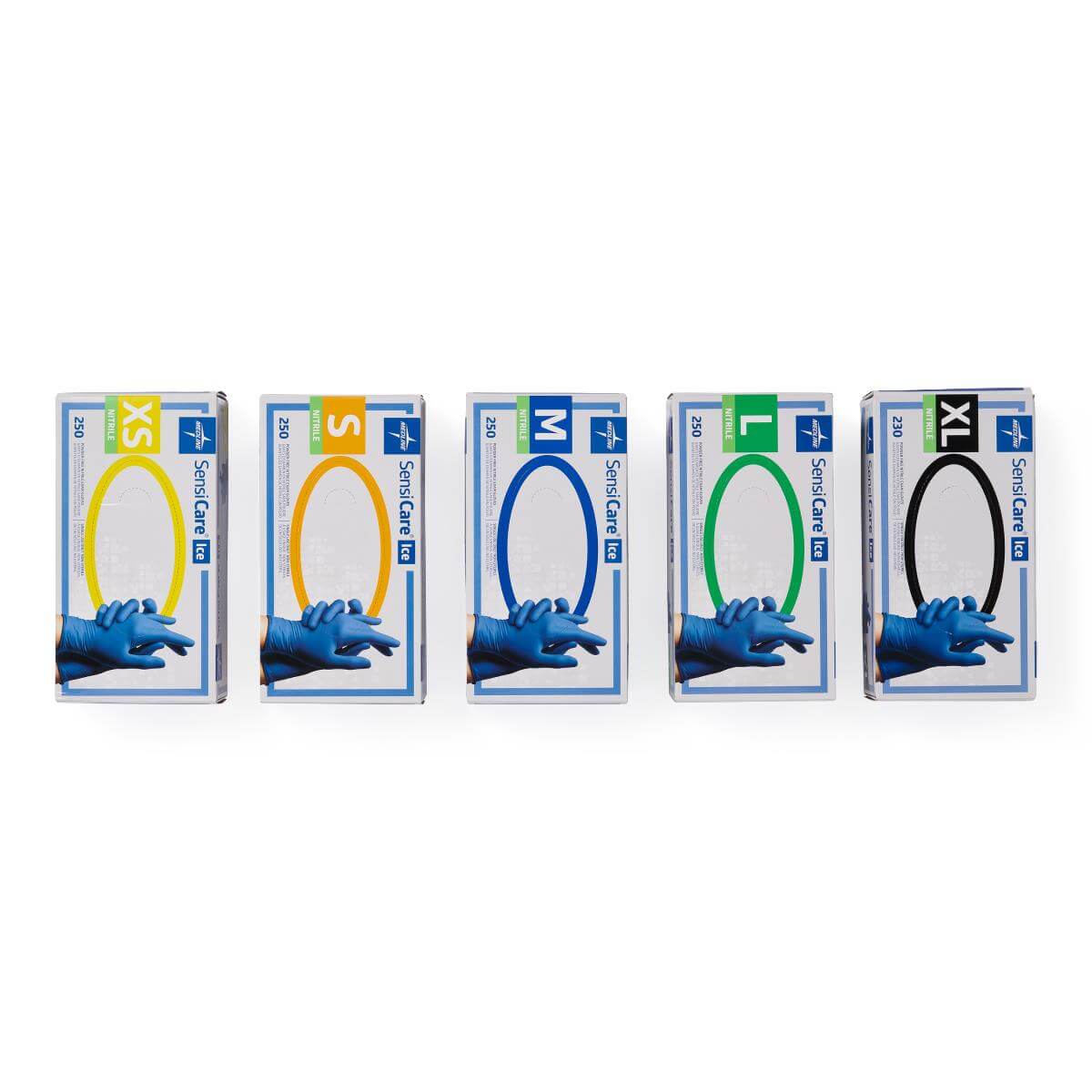 Five boxes of SensiCare Ice nitrile exam gloves in sizes XS through XL, each with color-coded size labels, arranged in a row