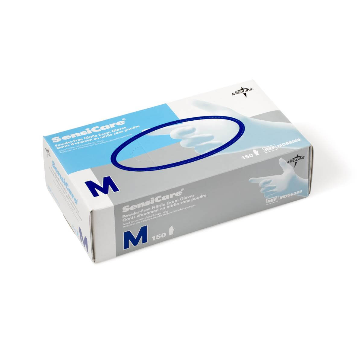 SensiCare powder-free nitrile exam gloves box, medium size, blue and white packaging, 150 count