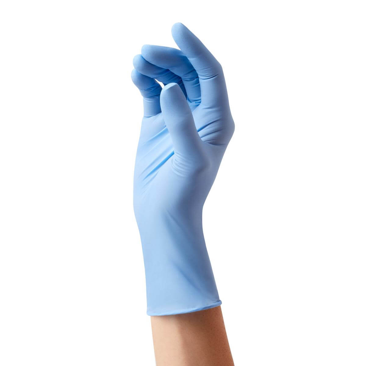 Nitrile exam glove in blue worn on a raised hand against a white background, fingers slightly curled