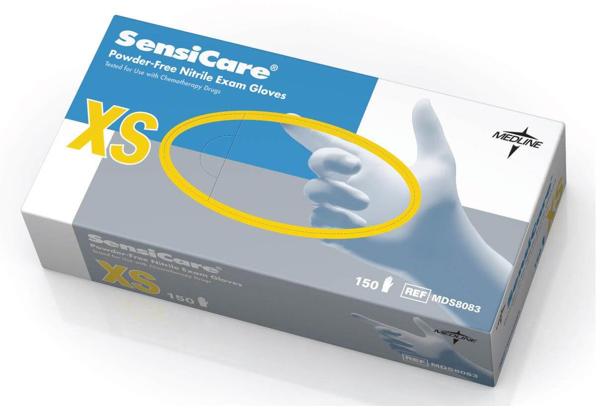 Nitrile exam gloves box in blue and white, size XS, 150 count, powder-free, with gloved hand graphic on front panel