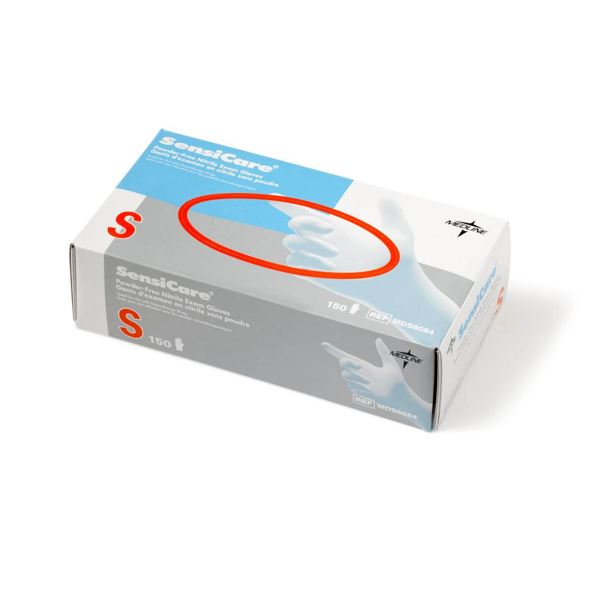 Nitrile exam gloves box of 150, size small, labeled SensiCare Powder-Free, with red oval highlighting the glove image on