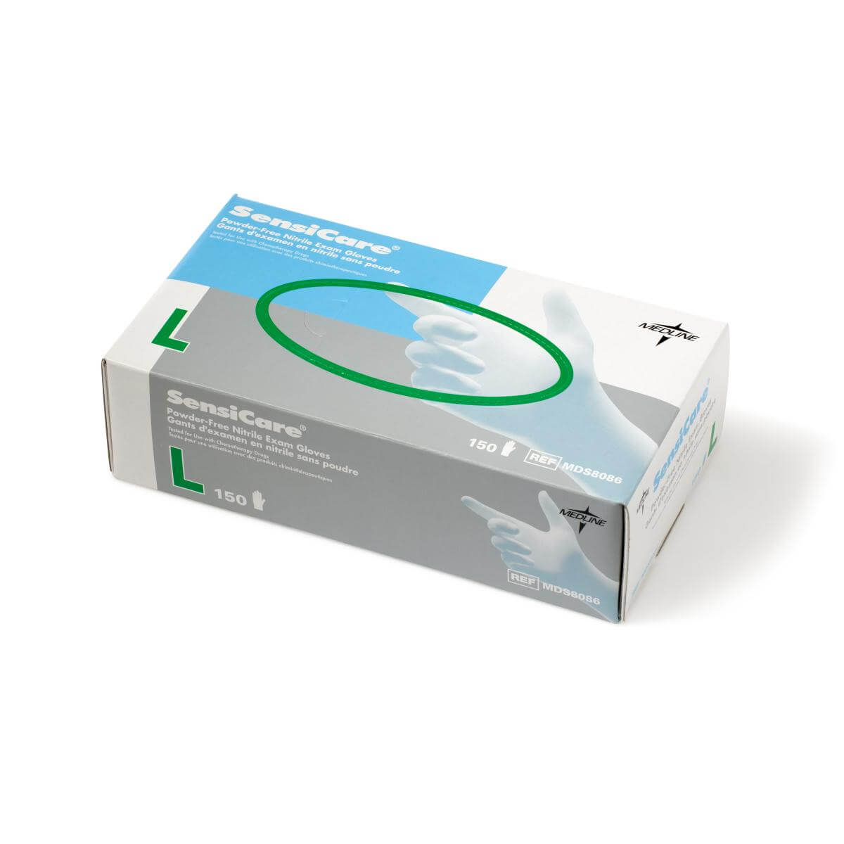 Nitrile exam gloves box labeled SensiCare Powder-Free, size Large, 150 count, in blue and gray packaging