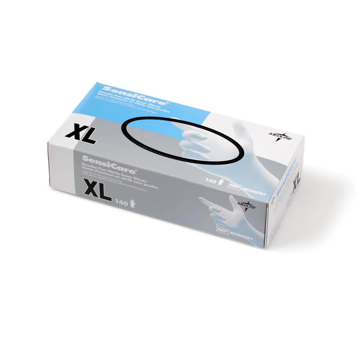 Nitrile exam gloves box labeled SensiCare Powder-Free, size XL, 140 count, in blue and white packaging