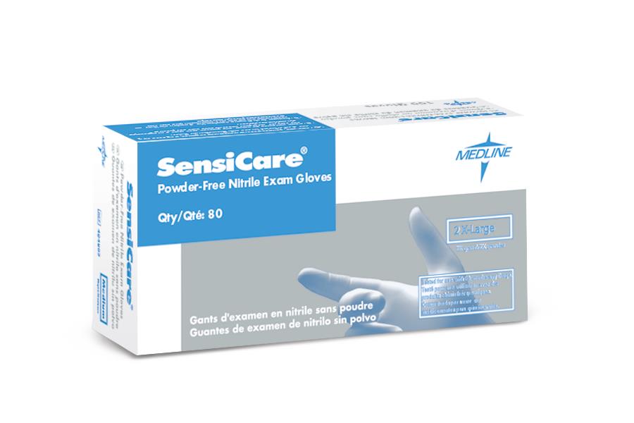 Medline SensiCare powder-free nitrile exam gloves box, 2X-Large, quantity 80, blue and gray packaging on white background