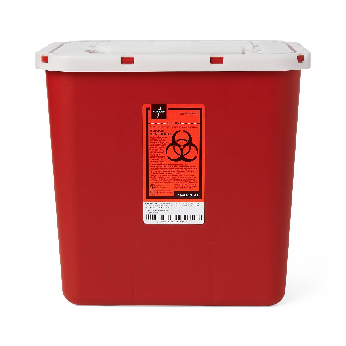 Multipurpose sharps container in red with white lid and biohazard label, 2-gallon capacity