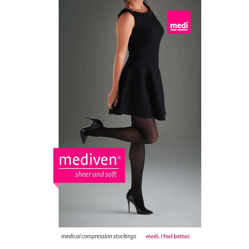 Compression stockings in black worn by a woman in a black dress and heels, shown from the side with one leg raised