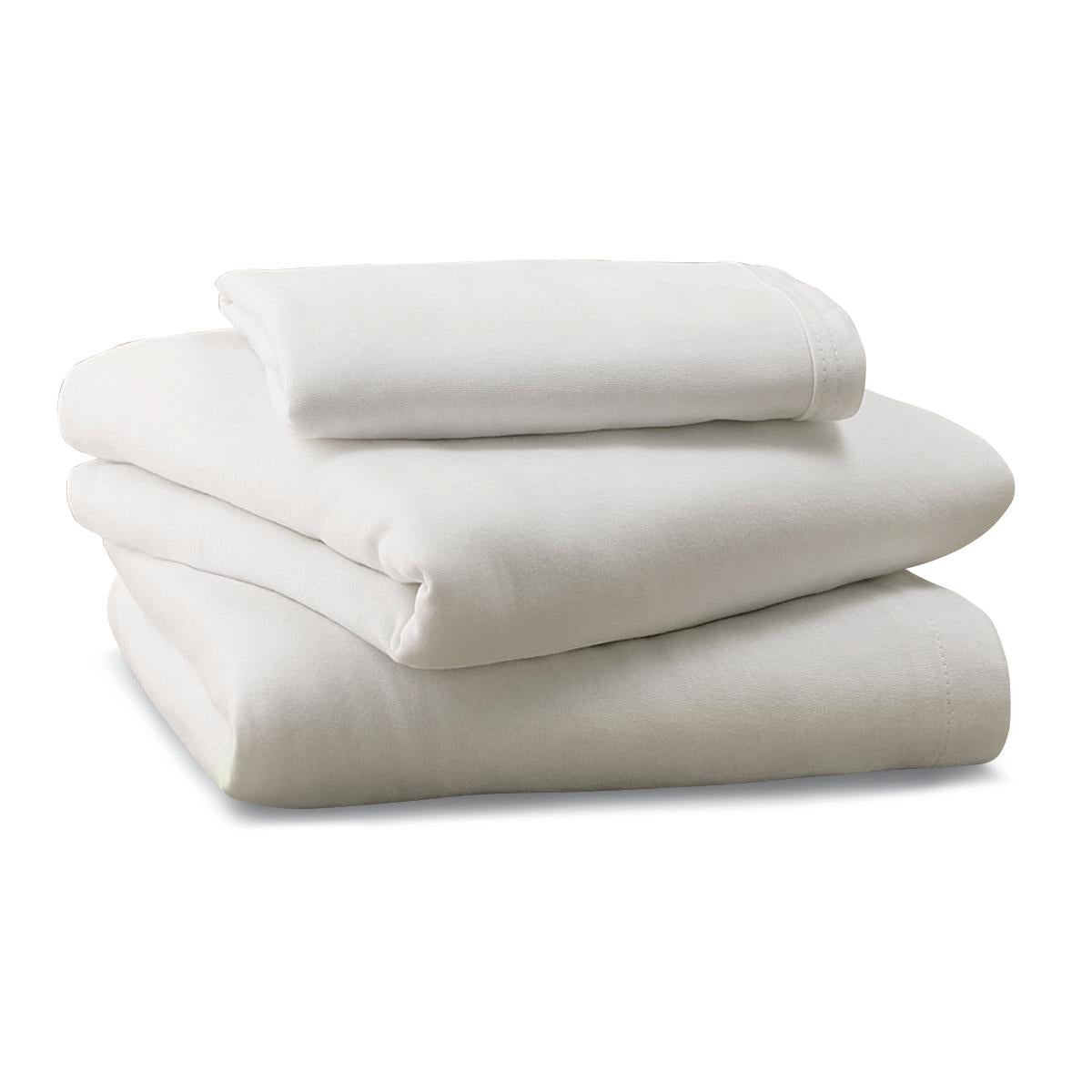 Soft-fit knitted contour sheet set folded neatly in a stack, shown in white on a white background