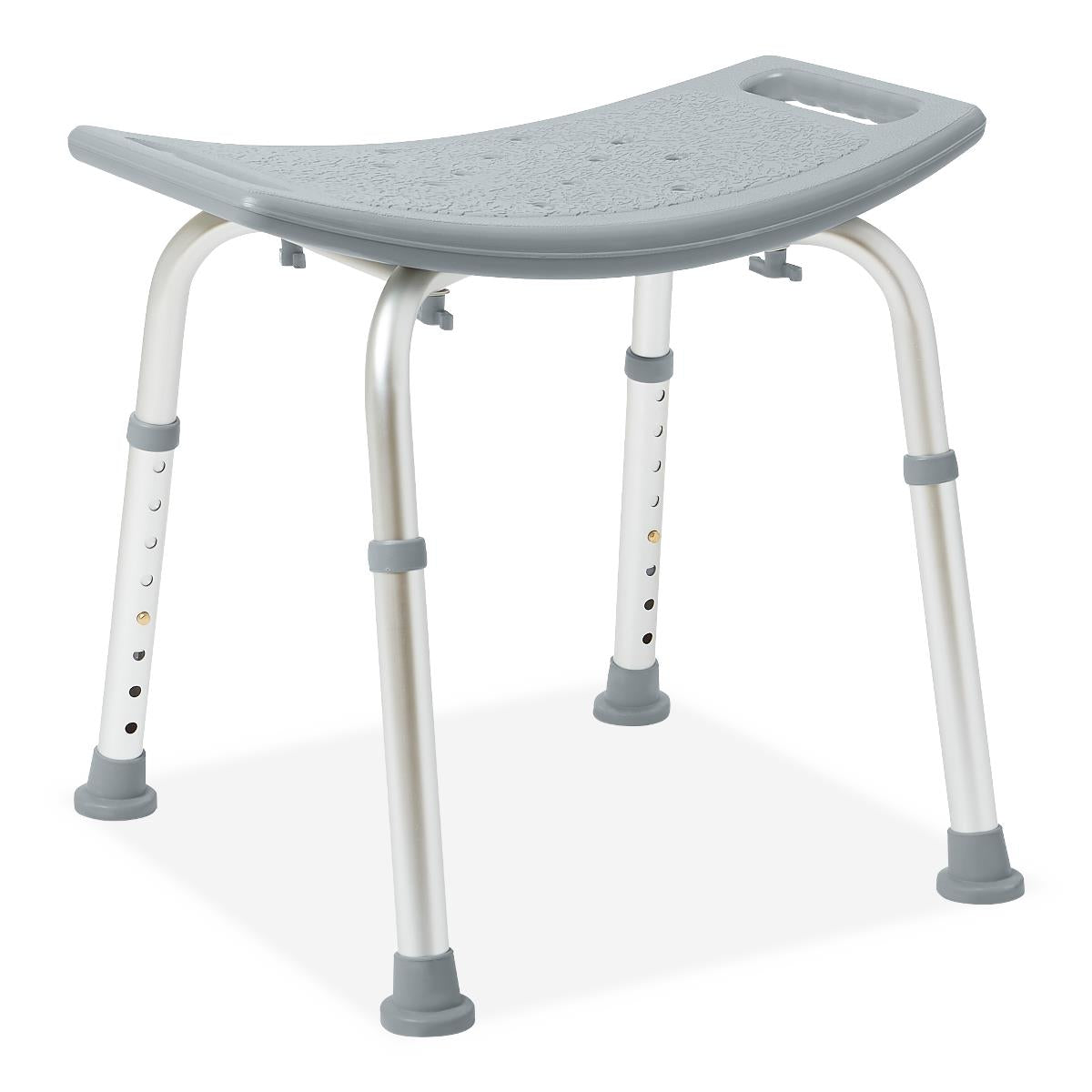 Bath bench without back, featuring a gray textured seat, white aluminum adjustable legs, and gray rubber non-slip feet