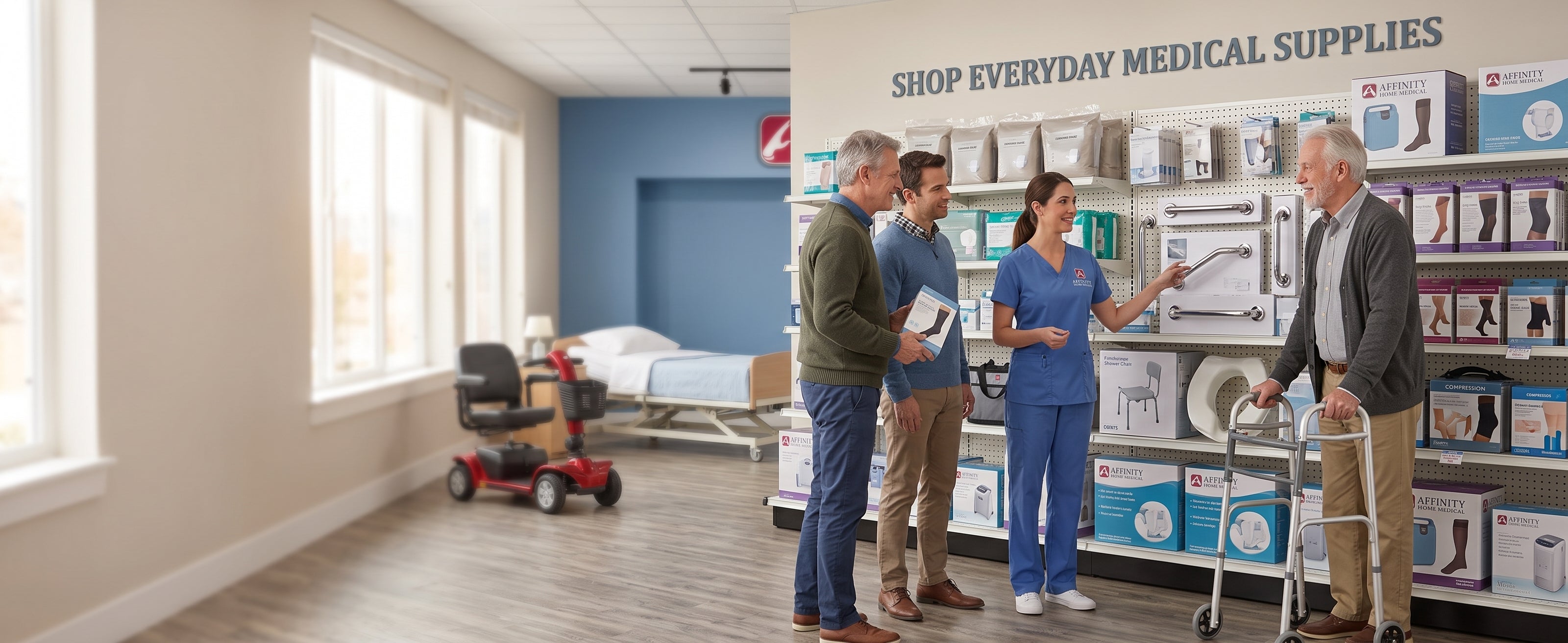 A group of four people, including a healthcare worker in blue scrubs, are shopping and discussing products in a well-lit medical supplies showroom. Shelves behind them display various medical equipment and supplies, and a wheelchair is visible in the background.
