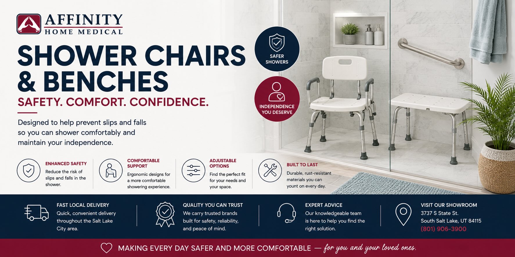 Promotional graphic for Affinity Home Medical shower chairs and benches, showing a white upholstered bench with metal legs and a matching chair in a bright bathroom setting, alongside feature icons and text.